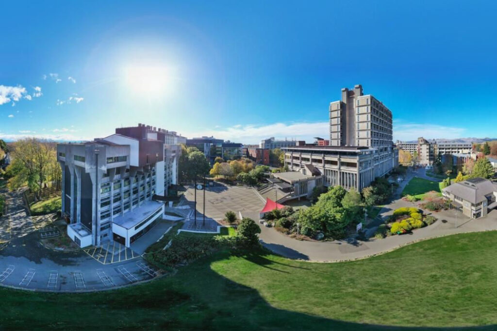 Aerial panoramic view of the University of Canterbury campus in Christchurch