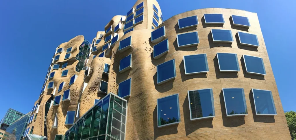The wavy brick walls of the Dr Chau Chak Wing Building at UTS Sydney, designed by Frank Gehry